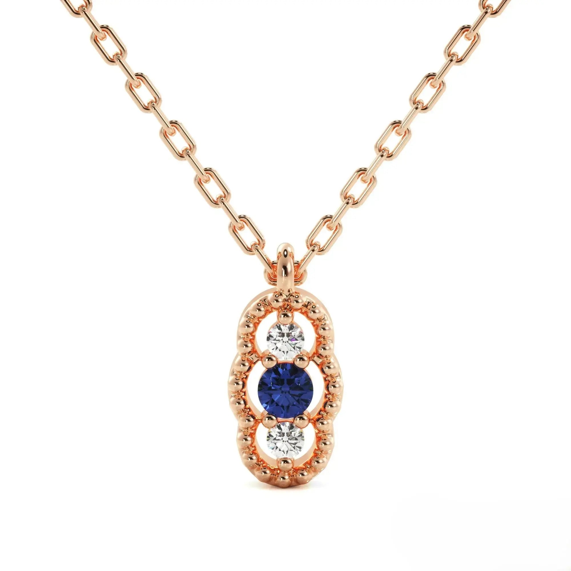 Rose gold chain necklace with sapphire and diamond pendant, a stunning September birthstone