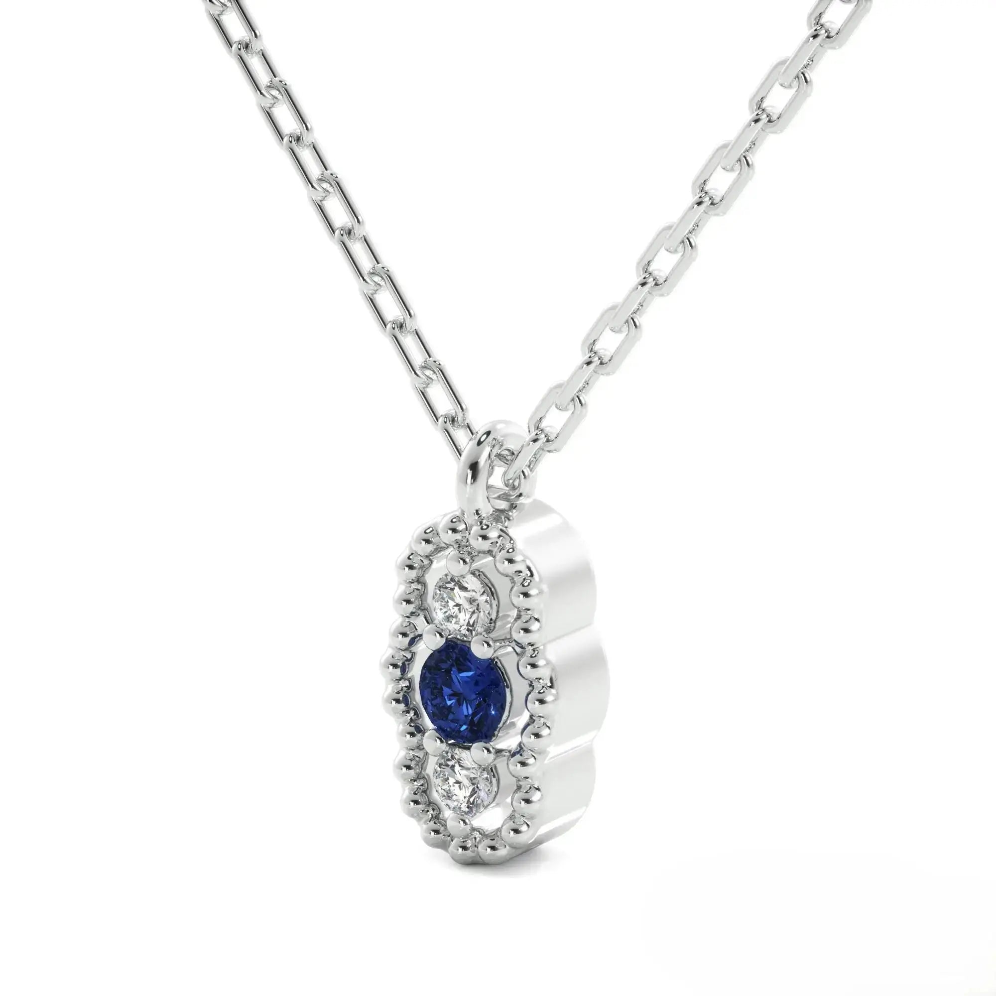 Silver pendant necklace with blue sapphire and diamond accents, ideal September birthstone gift