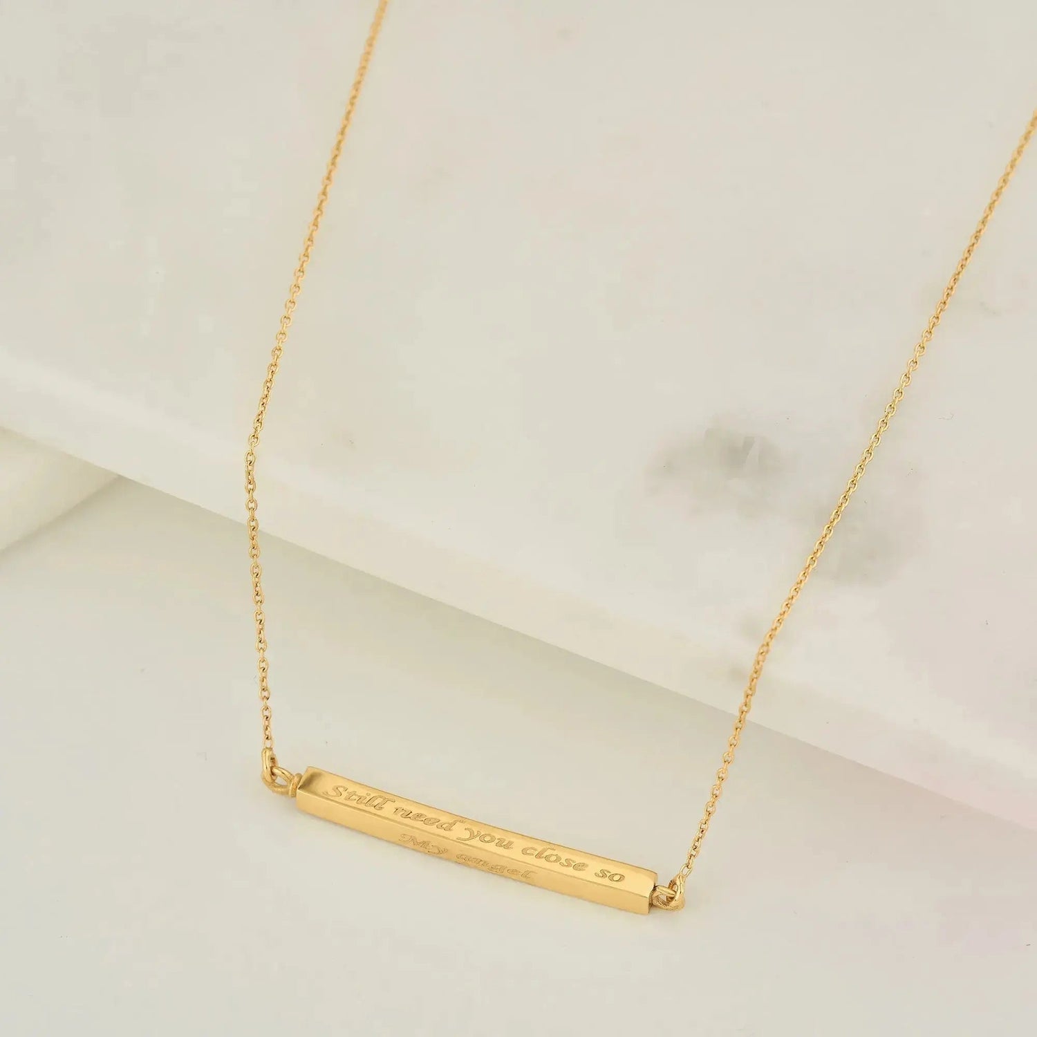 Gold bar pendant necklace for personalization cremation urn, featuring engraved text