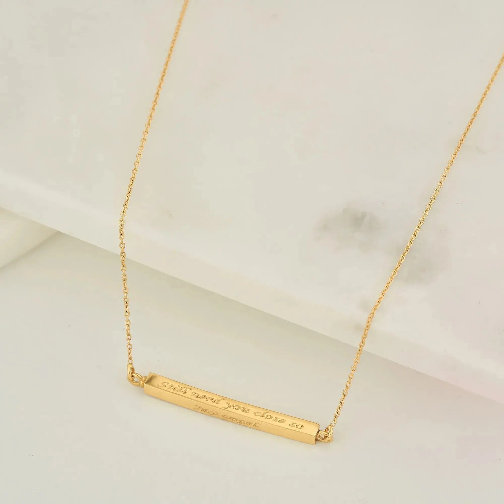 Gold bar pendant necklace for personalization cremation urn, featuring engraved text