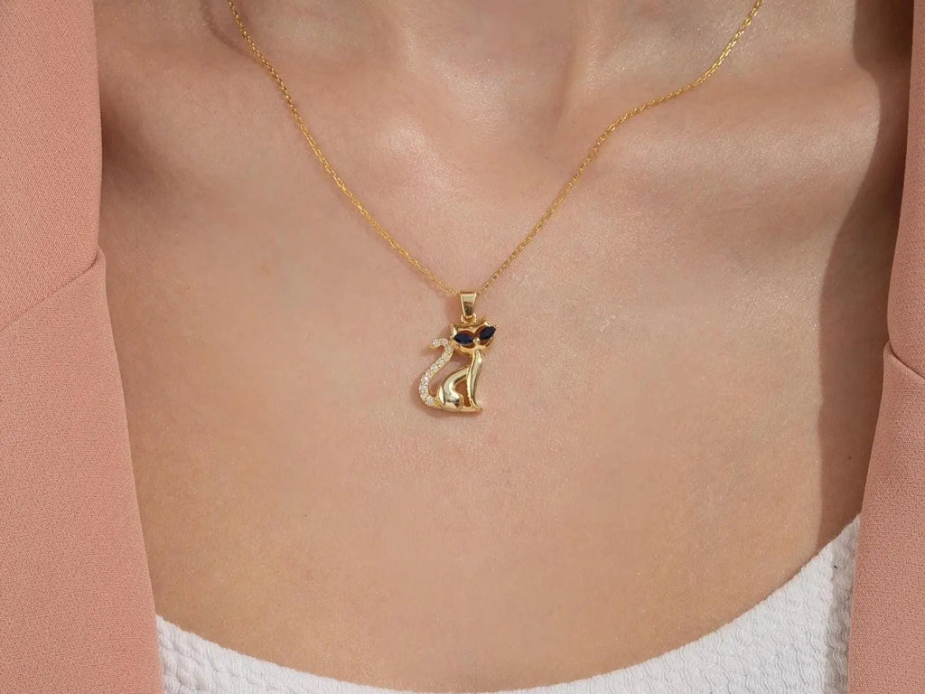 Birthstone Cat Necklace Silver Animal Pendant Marquise Cut Personalized Pet Jewelry Minimalist Lovers Gift