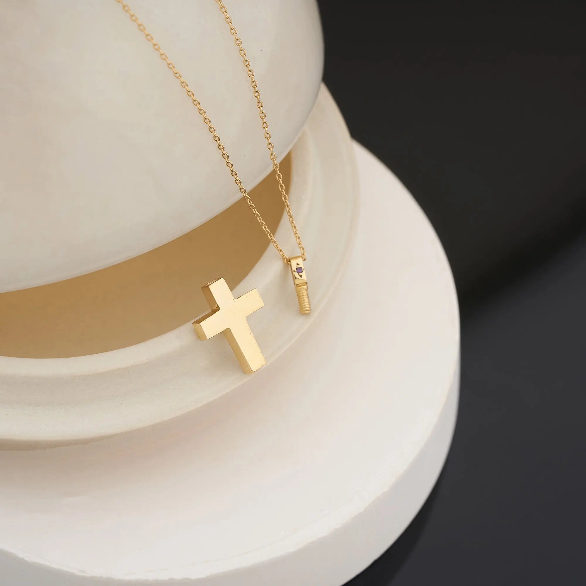 Angled View of Gold Cremation Necklace Cross Pendant