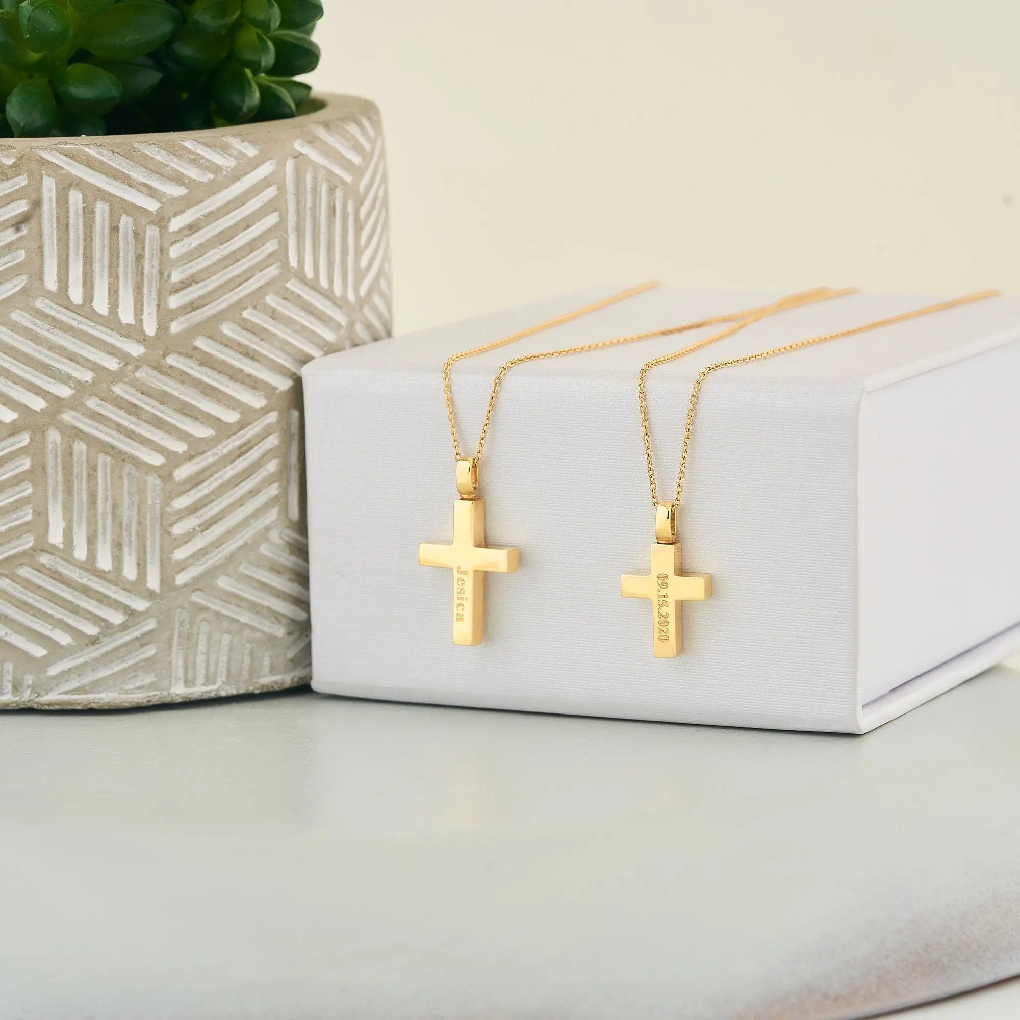Two gold cross pendant necklaces with delicate chains and Sterling Silver Urn Necklace