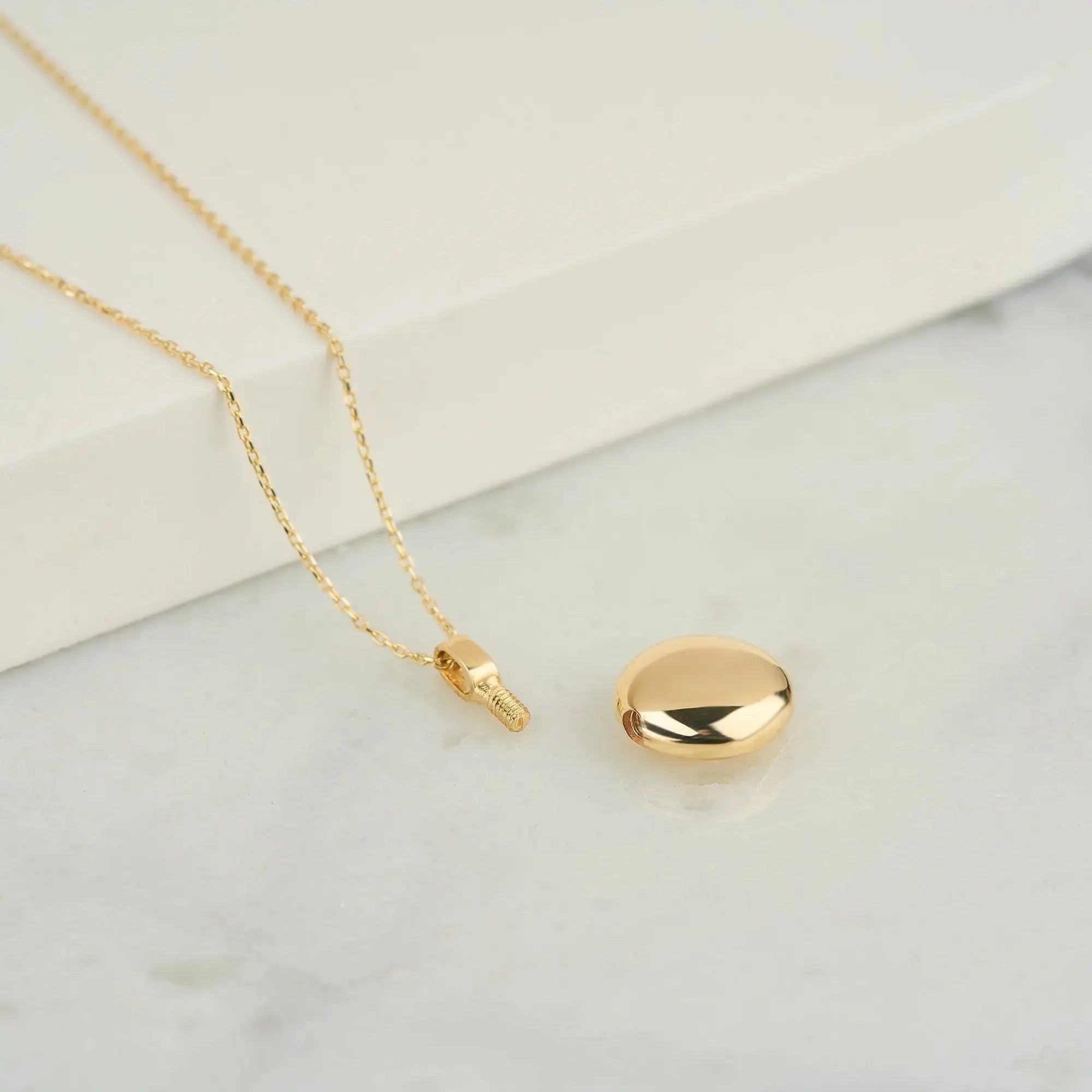 Gold oval locket pendant on delicate chain for Ash Holder Round Urn 14K Gold Necklace