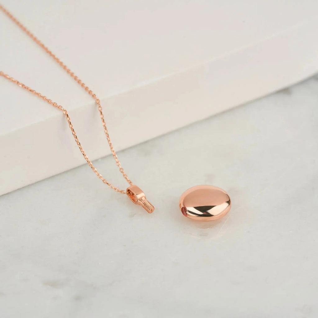 Rose gold locket pendant on a delicate chain for Ash Holder Round Urn 14K Gold Necklace