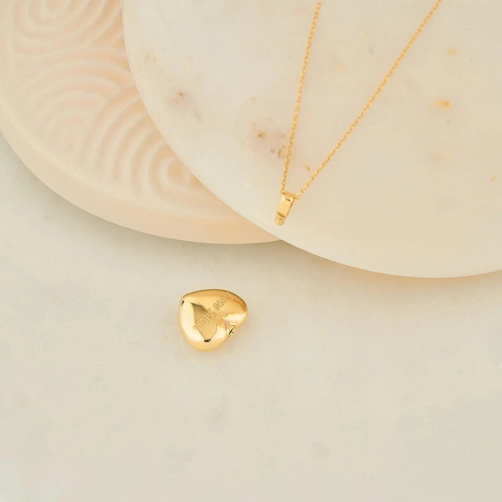 Gold fortune cookie pendant on delicate chain for cremation jewelry heart urn necklace