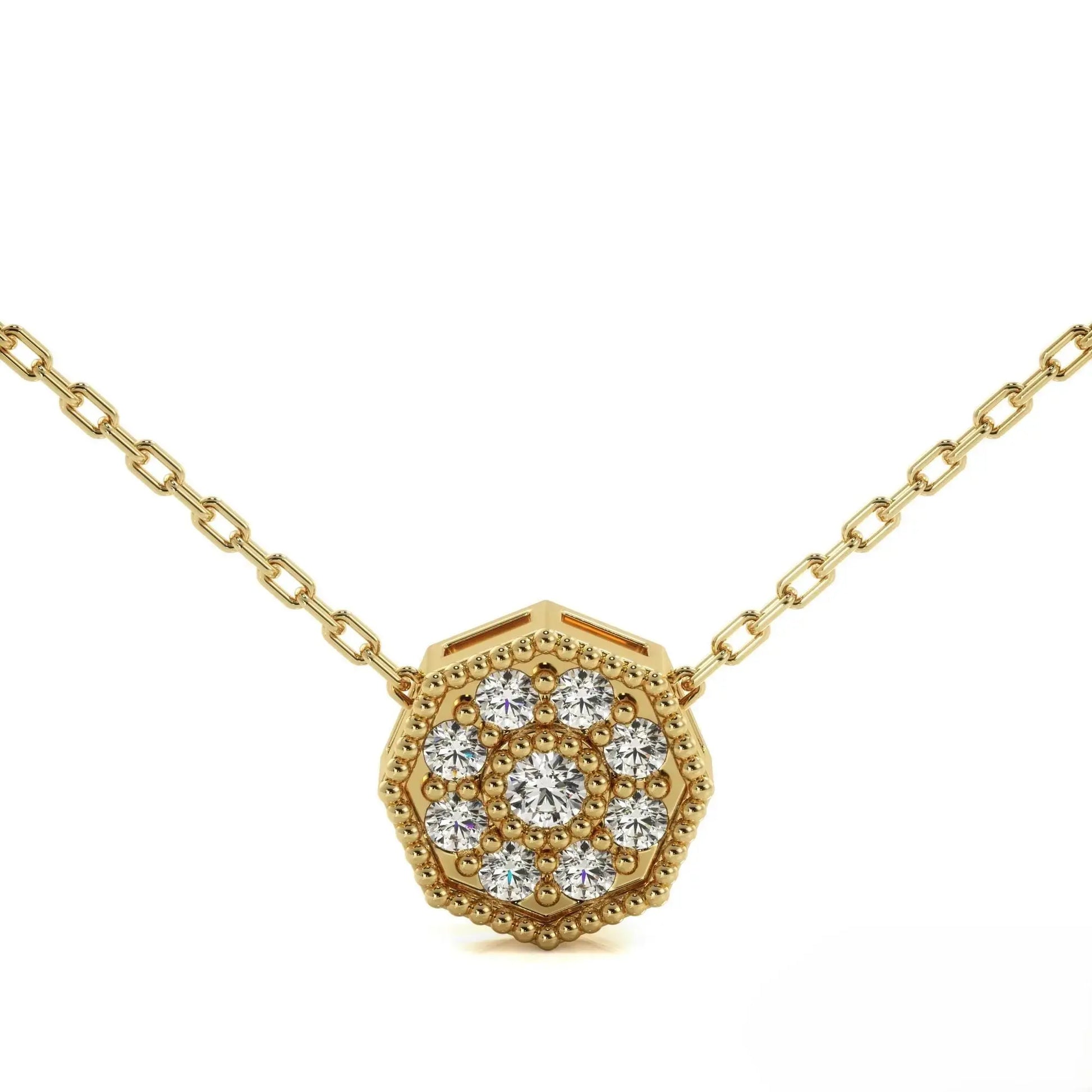 Gold necklace with octagonal diamond pendant and milgrain detailing in Floral Diamond Necklace