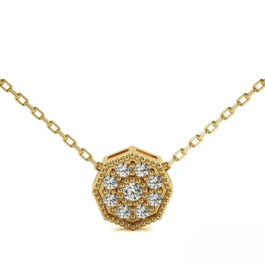 Gold necklace with octagonal diamond pendant and milgrain detailing in Floral Diamond Necklace