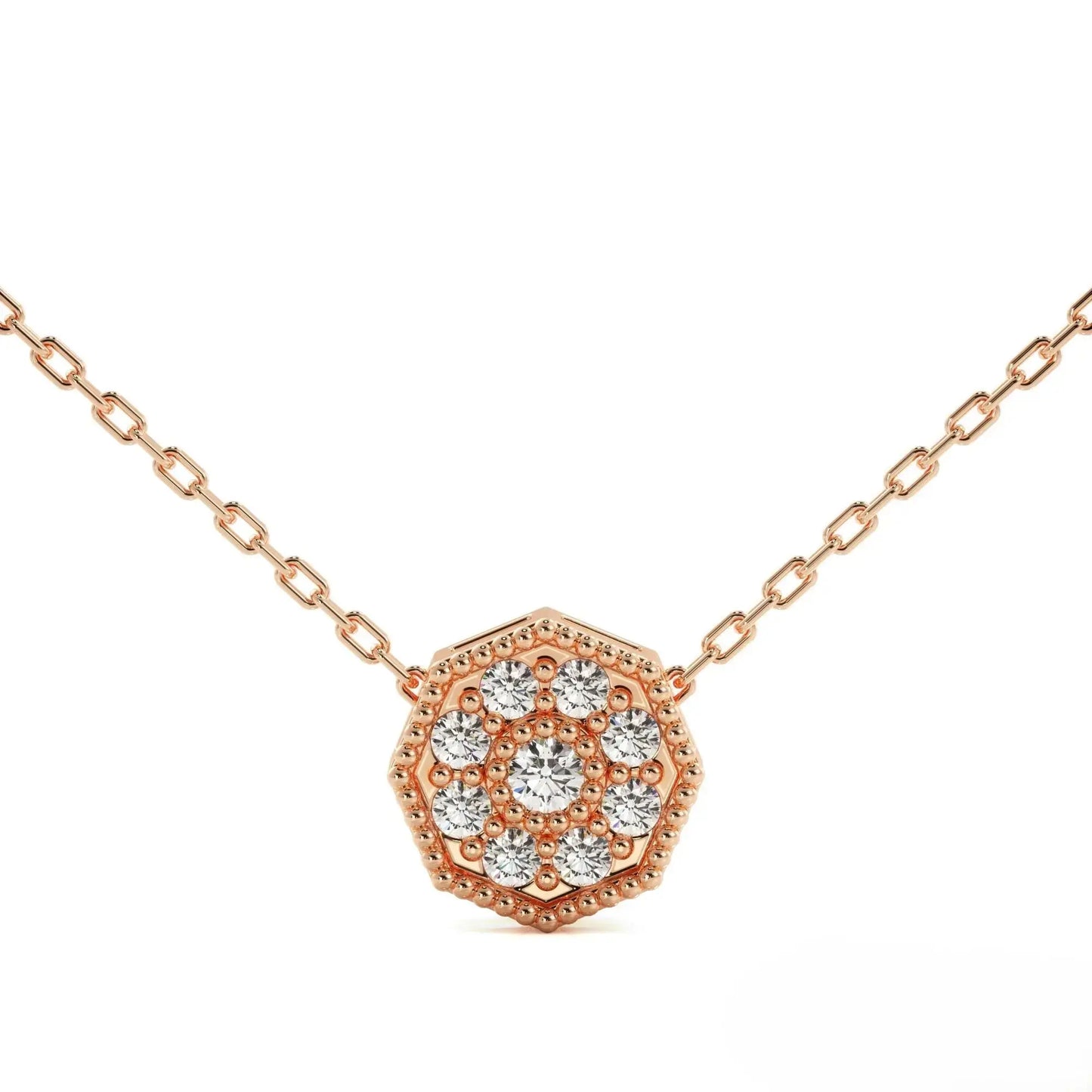 Rose gold floral diamond necklace with round pendant and diamond accents for bridal elegance