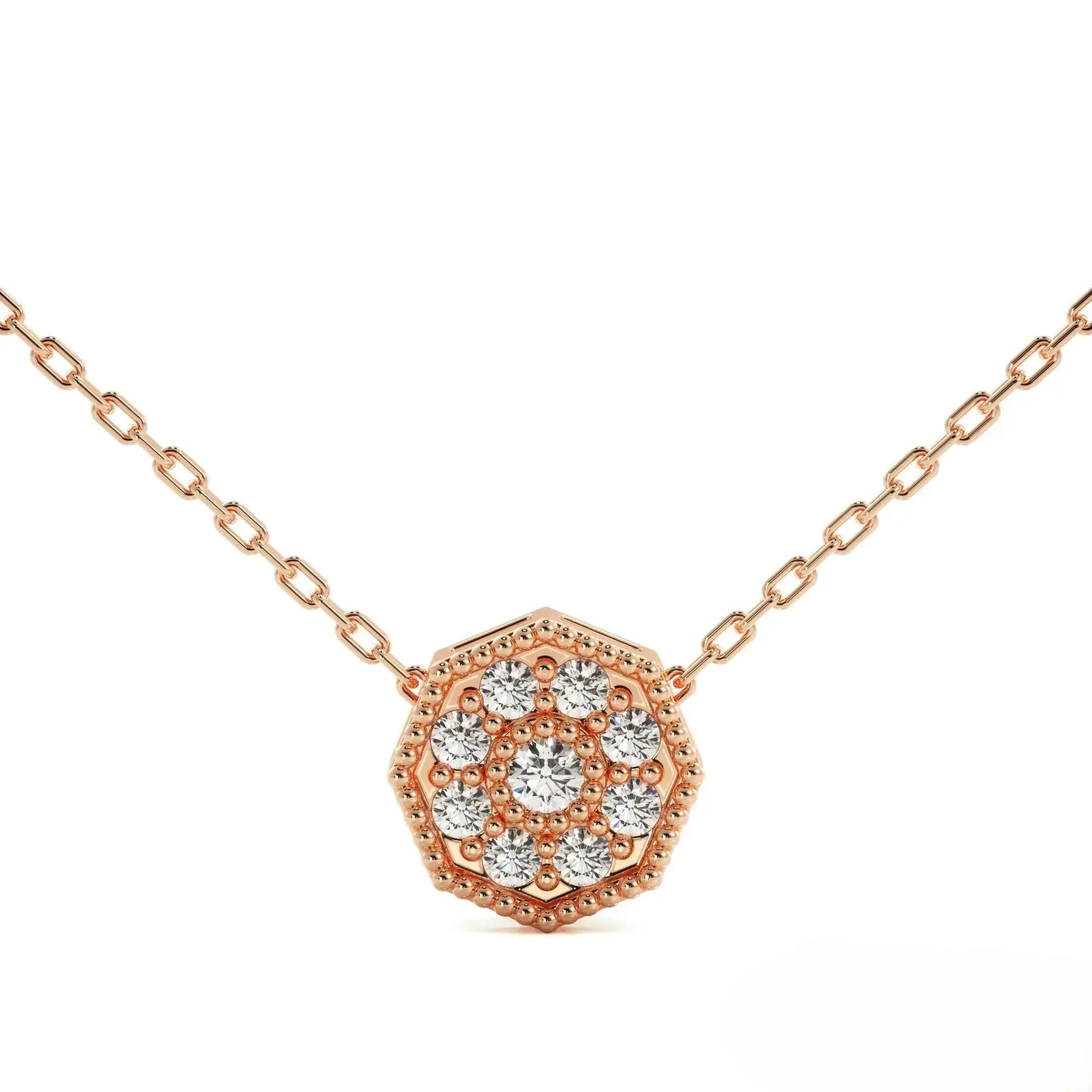 Rose gold floral diamond necklace with round pendant and diamond accents for bridal elegance