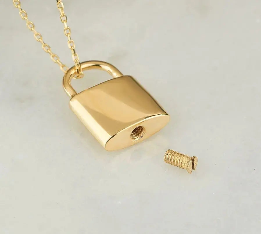 Gold padlock pendant on a delicate chain for a personalized urn necklace