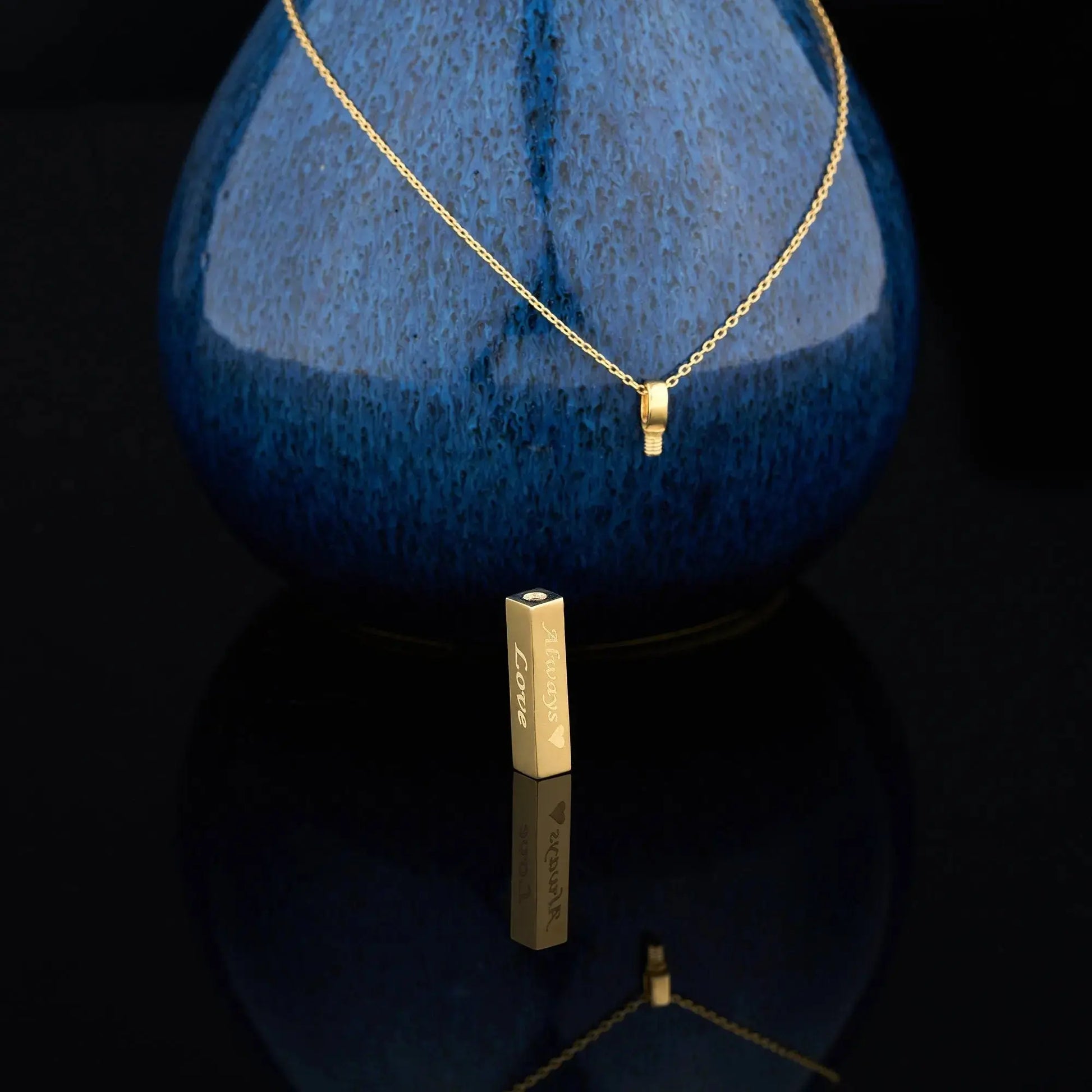 Solid gold rectangular pendant on a delicate chain for a cremation urn necklace