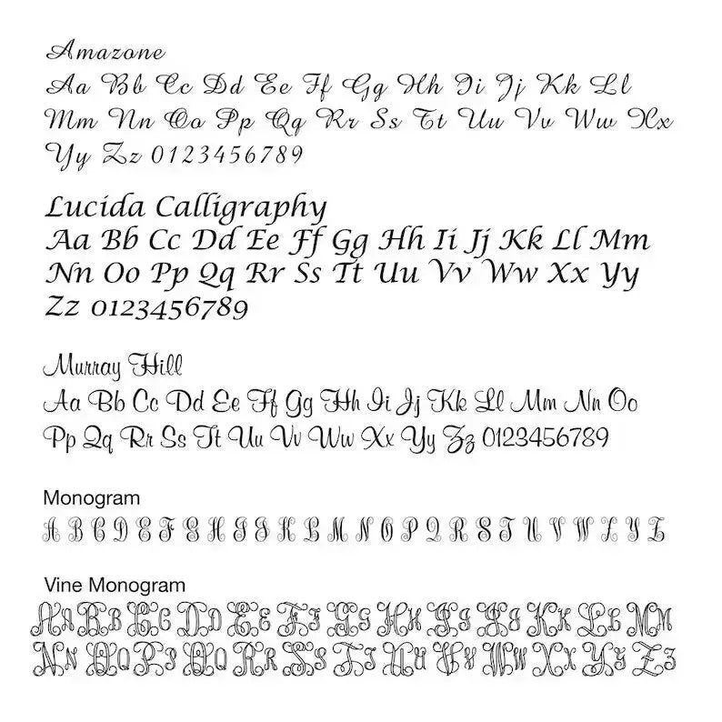 Sample sheet of calligraphy fonts and monogram styles for Solid Gold Cremation Urn Necklace