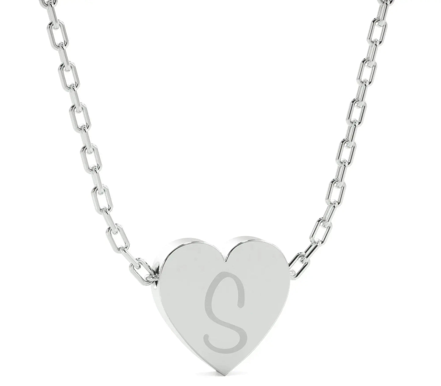 Silver heart pendant with engraved S on a solid gold chain, elegant heart necklace