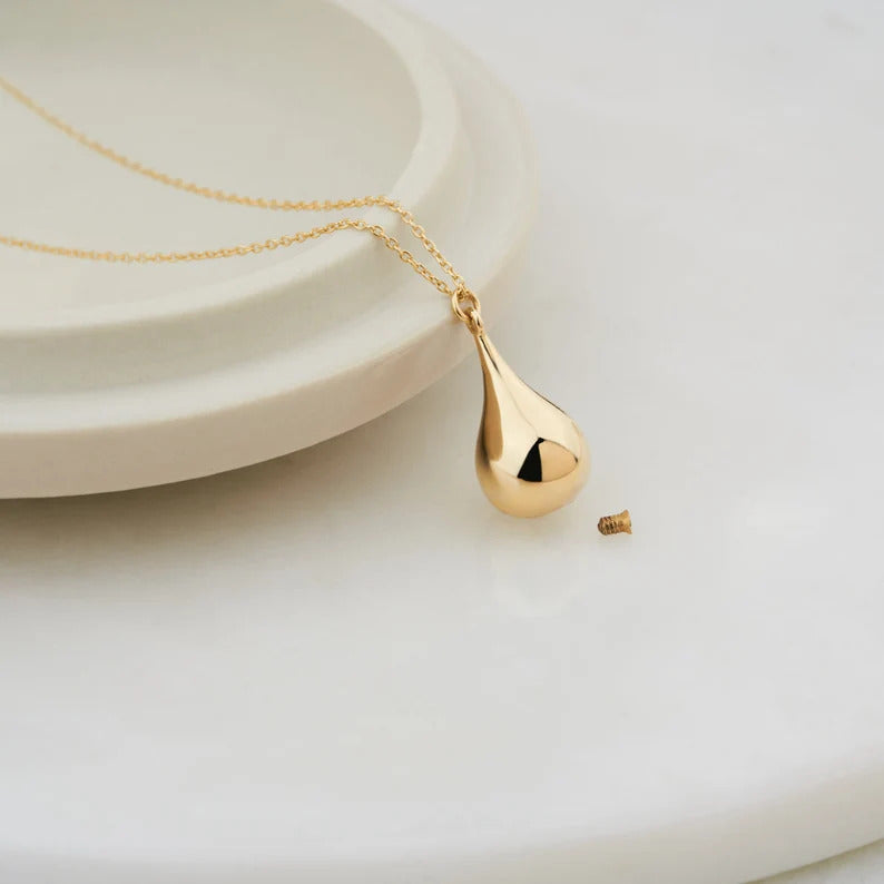 Cremation Jewelry Tear Drop Urn Necklace, 14K Real Gold Tear Drop Cremation Urn Necklace, Gold Keepsake Pendant, Gold Layering Necklaces - Bright Fine Jewelry