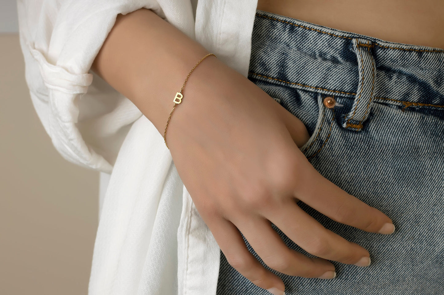 Initial Bracelet, 14K Solid Gold Personalized Bracelet, Custom Gold Letter Bracelet, Handmade Jewelry, Sterling Silver Initial Bracelet - Bright Fine Jewelry