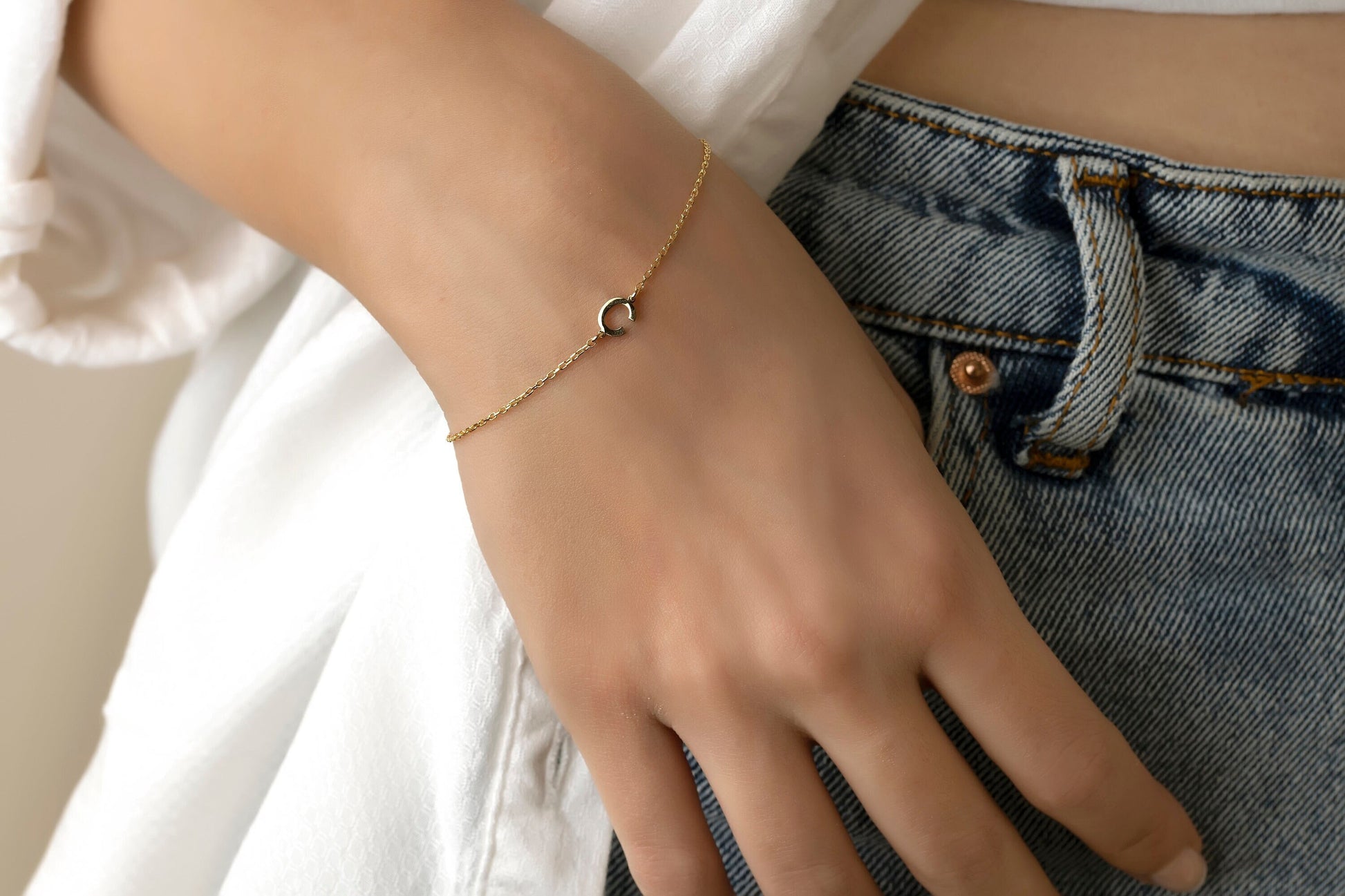 Initial Bracelet, 14K Solid Gold Personalized Bracelet, Custom Gold Letter Bracelet, Handmade Jewelry, Sterling Silver Initial Bracelet - Bright Fine Jewelry