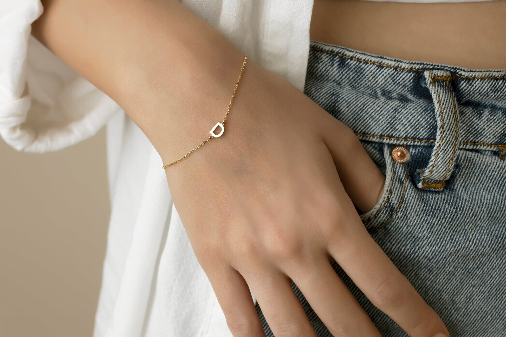 Initial Bracelet, 14K Solid Gold Personalized Bracelet, Custom Gold Letter Bracelet, Handmade Jewelry, Sterling Silver Initial Bracelet - Bright Fine Jewelry