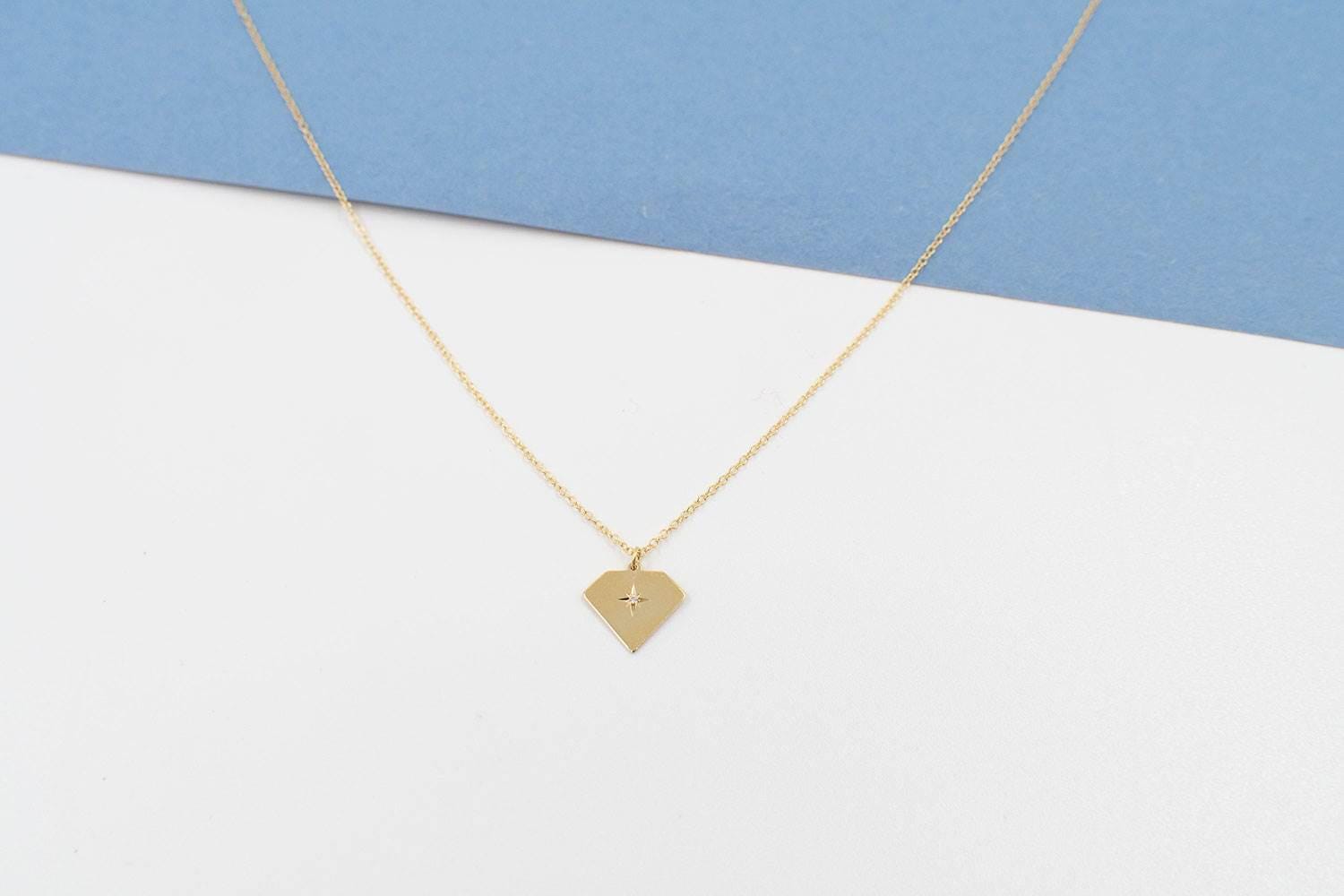 14K Diamond Necklace Solid Gold Tiny Diamond Pendant Minimalist Diamond Necklace Everyday Real Diamond Necklace Christmas Gift for Her - Bright Fine Jewelry