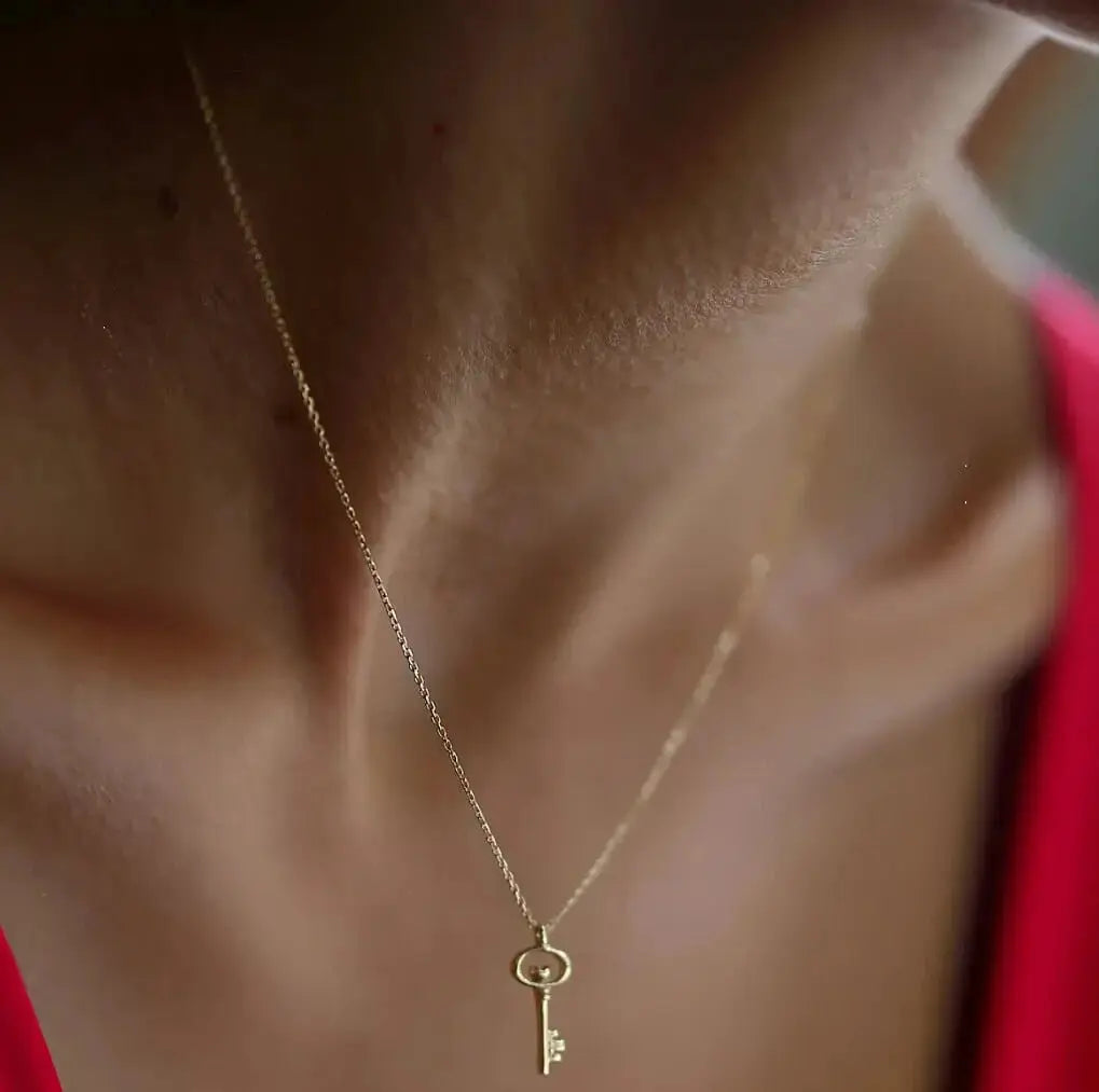 Delicate gold key pendant on thin chain necklace 14K solid, ideal for bridesmaids’ wedding jewelry