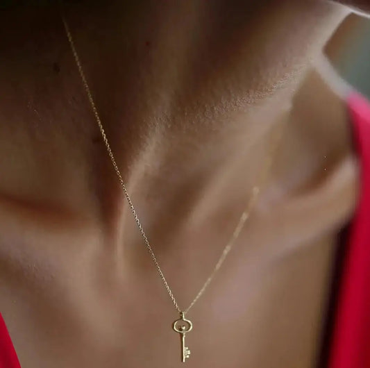 Delicate gold key pendant on thin chain necklace 14K solid, ideal for bridesmaids’ wedding jewelry