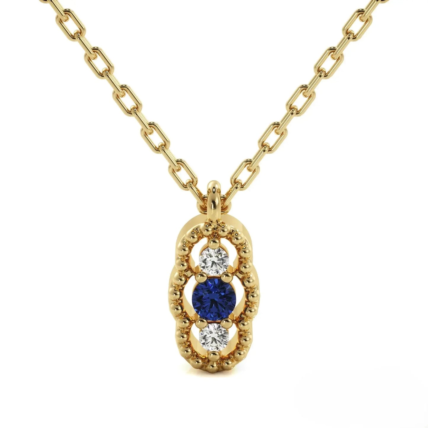 Gold chain diamond necklace featuring sapphire and diamond pendant, September birthstone