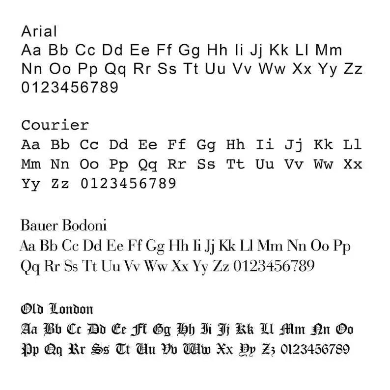 Font sample sheet featuring Arial, Courier, Bauer Bodoni, and Old London typefaces