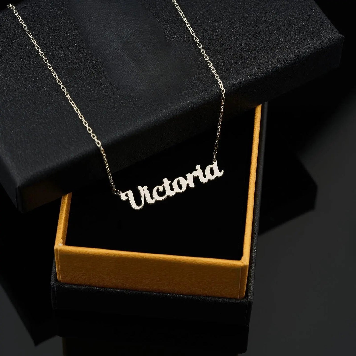 Silver Victoria name necklace on delicate chain from 14K Solid Gold Custom collection