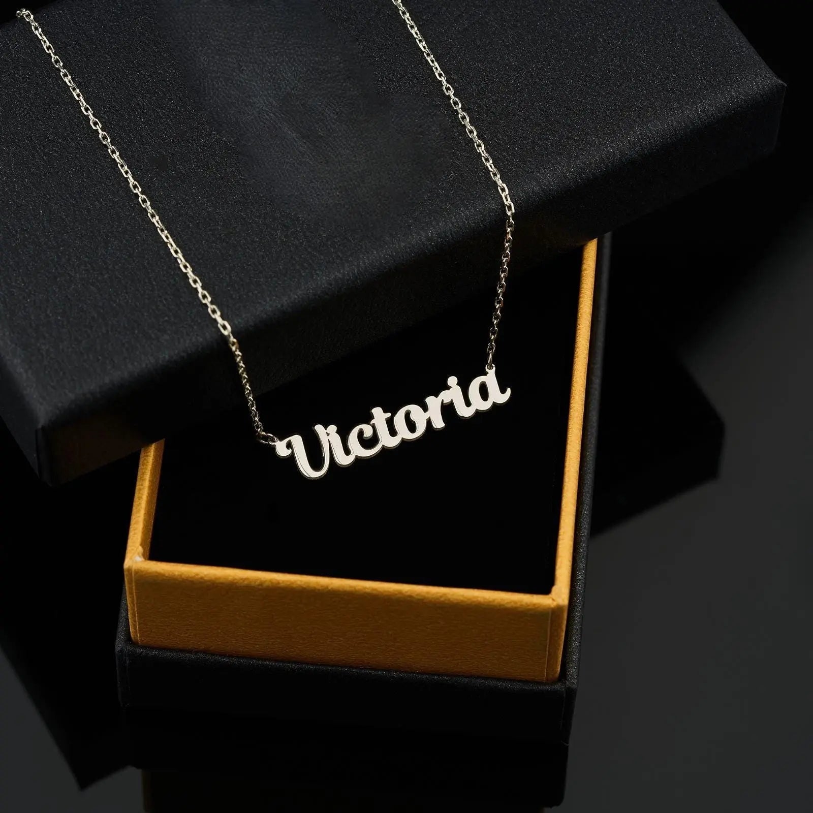 Silver Victoria name necklace on delicate chain from 14K Solid Gold Custom collection