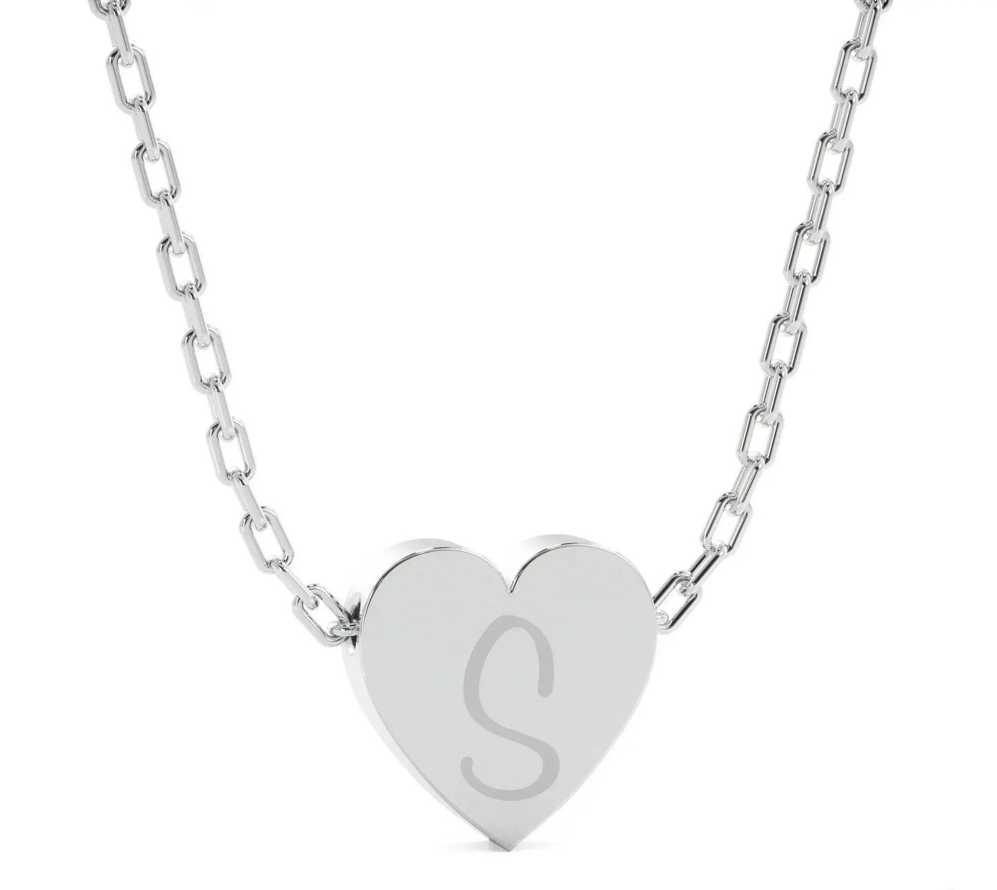 Silver heart pendant with S initial on chain, perfect for a personalized heart necklace