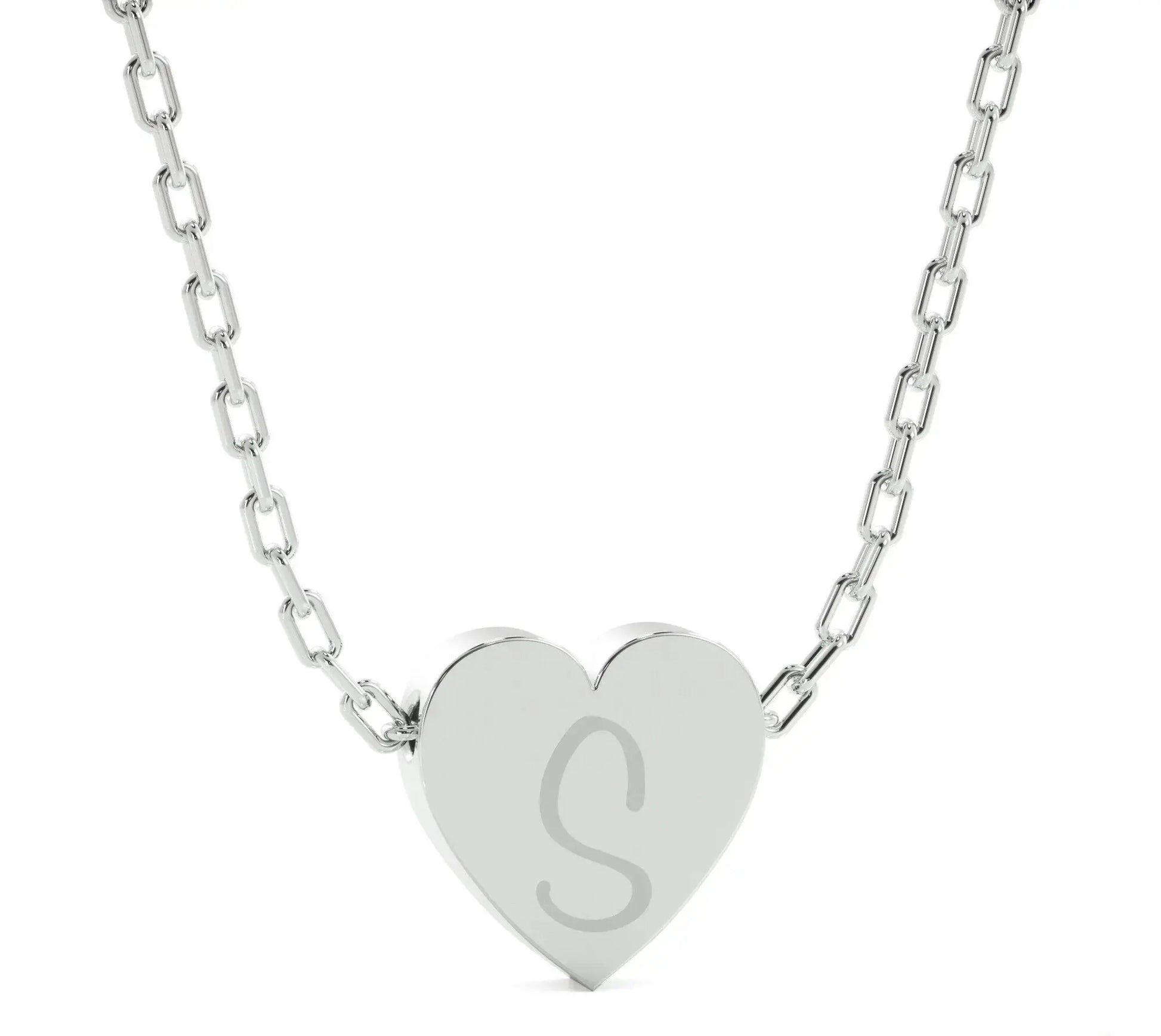 Silver heart pendant with S initial on chain, perfect for a personalized heart necklace