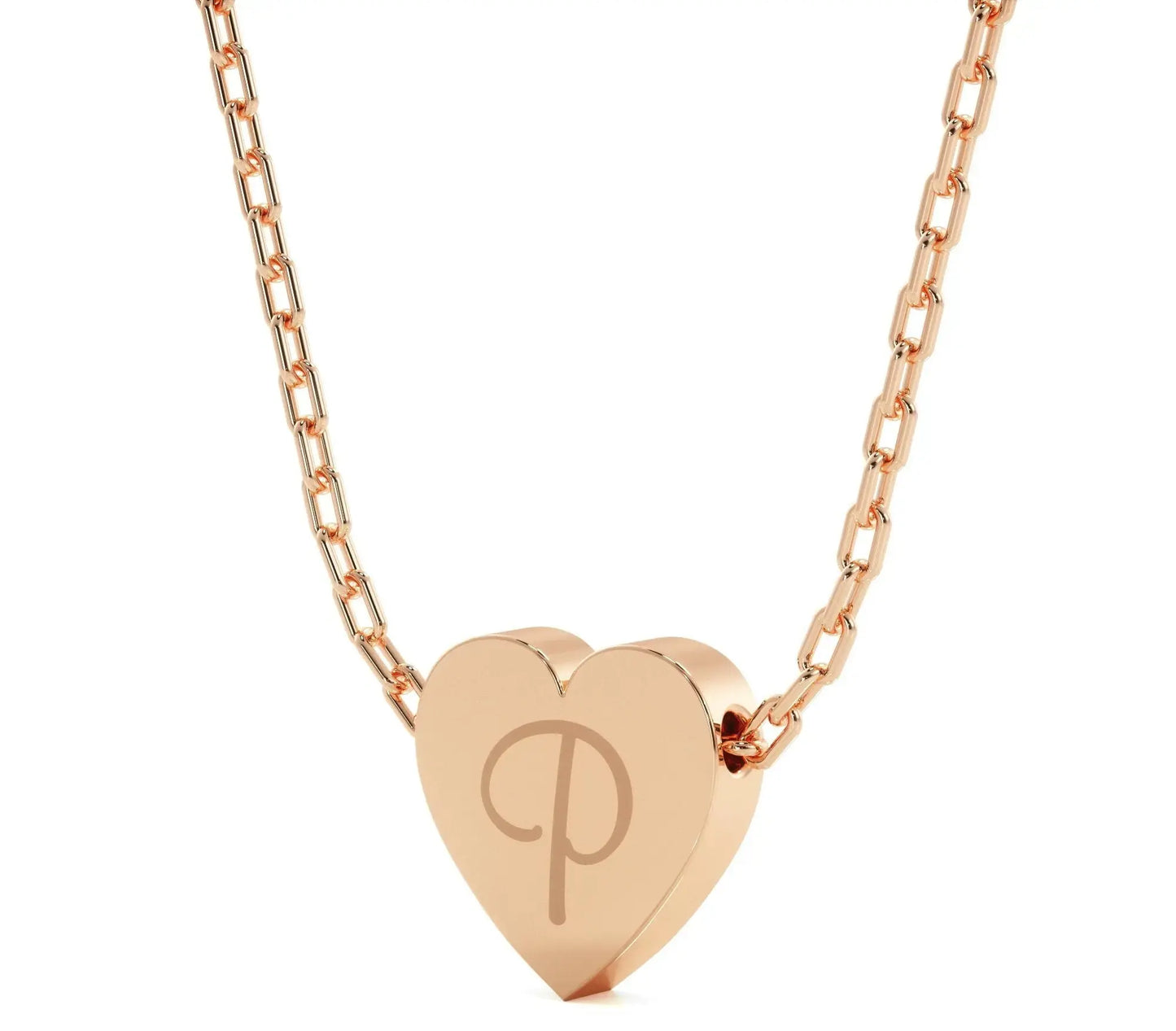Rose gold heart pendant necklace with engraved P monogram in personalized heart necklace