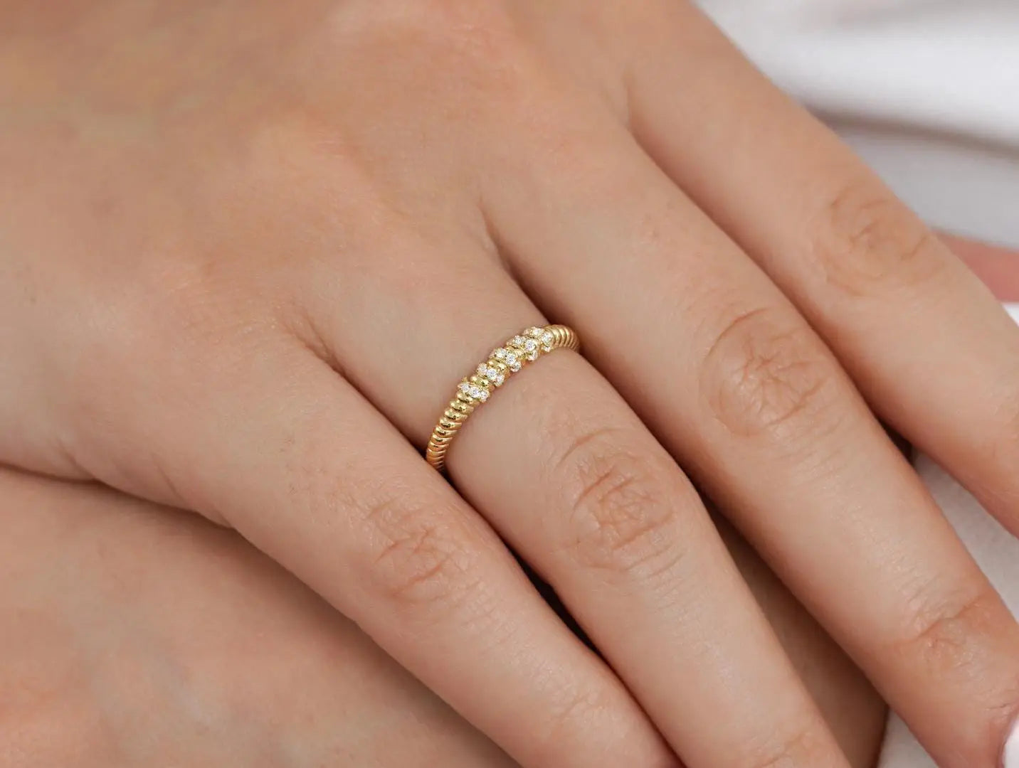 CZ Diamond Ring 14K Twisted Rope Dainty Minimalist Jewelry Thin Wedding Band Promise for Her Engagement